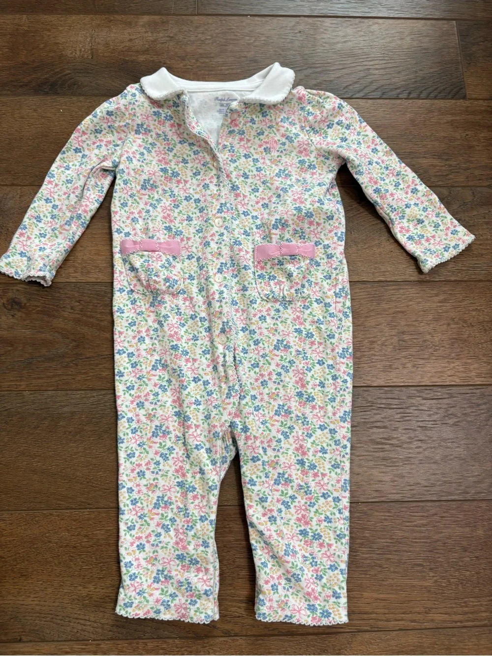 Ralph Lauren Baby Girls 6M Floral Print Romper Pink Blue Green Peter Pan Collar